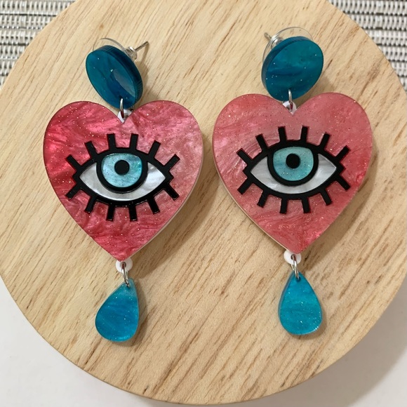 SOLD OUT Evil Eye Love Heart Statement Earrings Acrylic & Stainless Steel Punk - Picture 6 of 7
